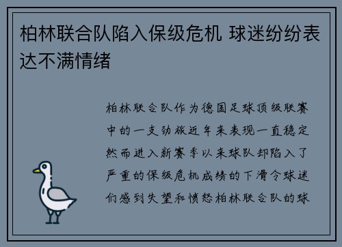 柏林联合队陷入保级危机 球迷纷纷表达不满情绪 柏林联合队陷入保级危机 球迷纷纷表达不满情绪