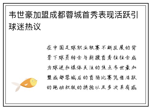 韦世豪加盟成都蓉城首秀表现活跃引球迷热议
